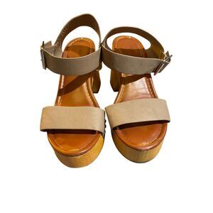 Mia platform brown faux wood retro Boho block heel 7.5 4 in